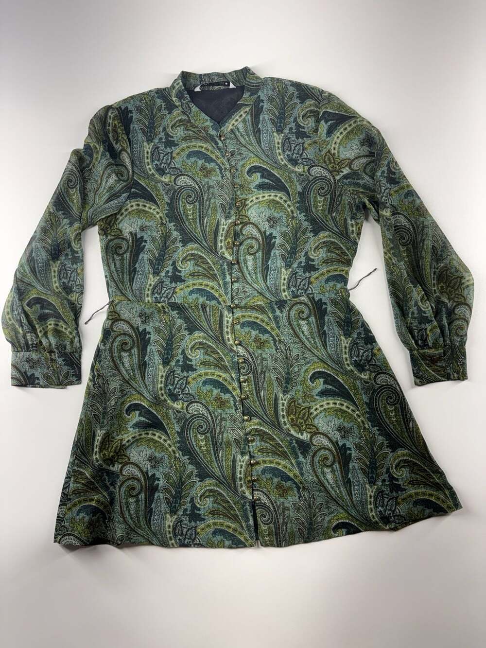Zara Green Paisley Print Mini Shirt Dress with Gold Buttons Size L